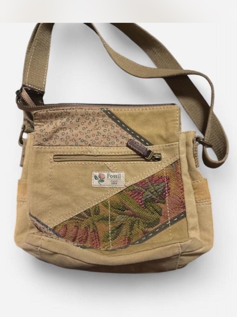 1990s Fossil Tan Canvas Crossbody with Floral Patchwork